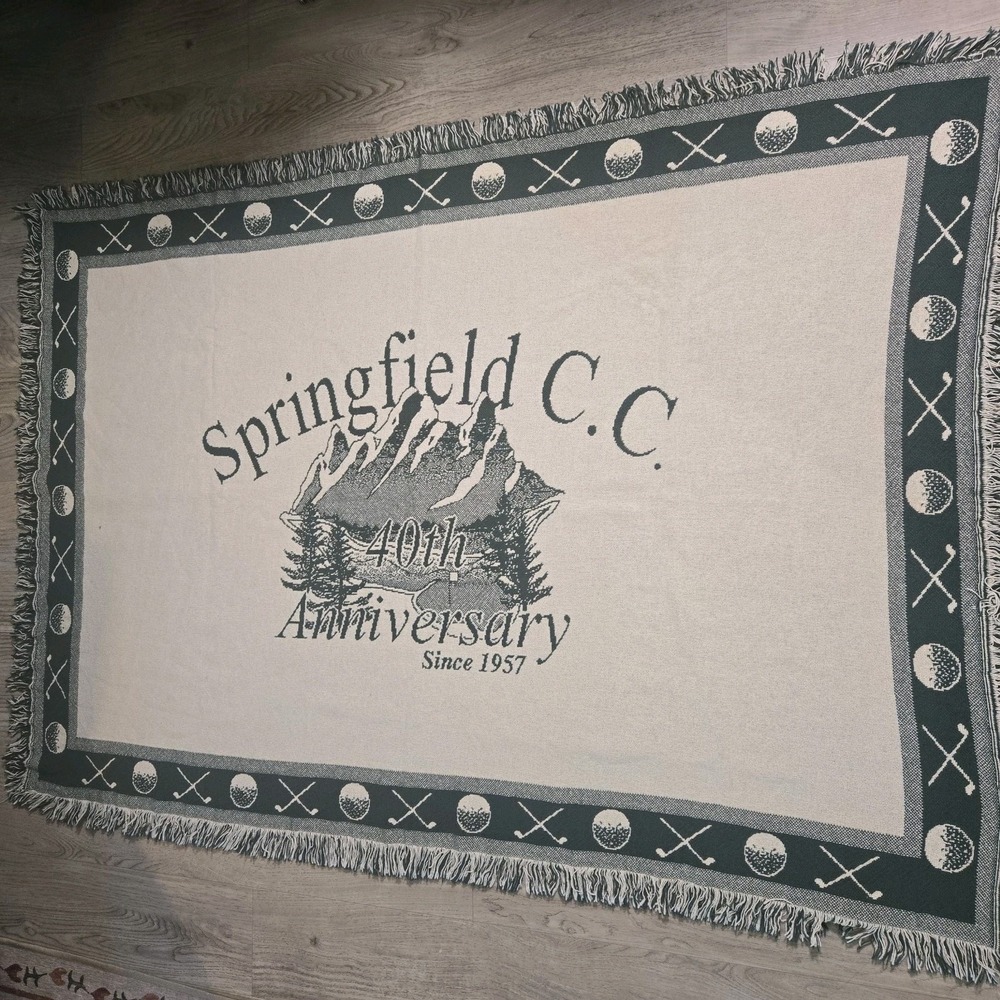 New vtg Springfield C.C. woven Souvenir Cotton Throw Blanket Tapestry‎ Rug Barn